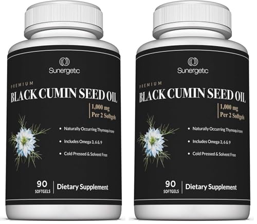 Image of Sunergetic Premium Black Cumin Seed Oil Softgels - 1,000mg of Black Seed Oil Per Serving - Non GMO Cold Pressed Nigella Sativa - Includes Thymoquinone & Omega's - 90 Softgels (Pack of 2)