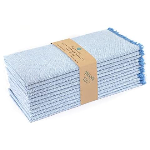 FINGERCRAFT Dinner Cloth Napkins, Everyday Use, Premium Quality 100% Cotton Perfect for Parties Dinners Weddings Cocktail Christmas Napkins Washable & Reusable 20x20 Fringe (Sky blue/white) Cover