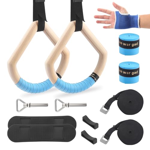 Strixorn Anillos de gimnasia de madera, 28 cm, juego completo con correa ajustable, guantes antideslizantes y fijación, para entrenamiento de fuerza, gimnasia y entrenamiento de cuerpo completo en