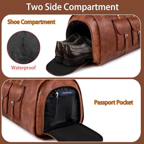 Itiezy IZ03-ZONGSE Garment Bag For Travel, Convertible Carry On Garment Duffel Bag For Men 3Pcs, Faux Leather Waterproof Large Weekender Bag thumb #5