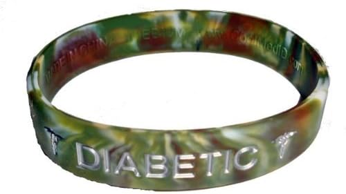 Diabetic Medical ID Wristband Green Camouflage with Silver Color Fill Medium