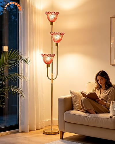 Image of Lightdot 3-Lights Glass Floor Lamp 66IN Modern Gold Dimmable Floor Lamps with 3000K Warm White Bulbs for Wedding Party Tall Standing Lamp with Deep Red Glass Shade for Living Room /Bedroom /Home Decor