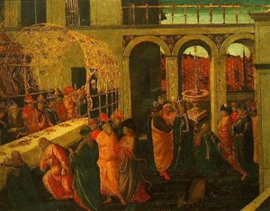 Peinture à l'huile The Banquet de Ahasuerus par Jacopo Del Sellaio - Reproduction 12x16 Pouces