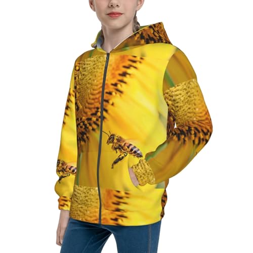 Honey Bee Pollinating Sunflower Kids Pullover Hoodies Boys Zip Up Sweatshirts Girls Athletic Clothes with Pocket