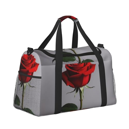Red rose Print Travel Duffle Bag - Foldable Personal Item Travel Bag for Women & Men,Carry-On Convertible Crossbody Tote Bags with Adjustable Shoulder Strap & Pockets 13x10.2x19.7 in3