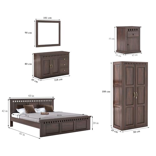 Image of SONA ART & CRAFTS Kuber Solid Sheesham Wood Bedroom Set | Queen Size Bed Without Storage, Wardrobe, Chest of Drawer & Two Bedside Tables - Walnut Finish (Assembly Included)