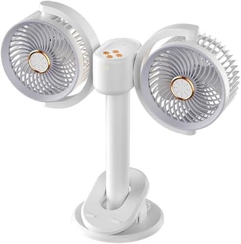 Dual Head Clip on Fan Height Adjustable, Small Powerful Desk Fan USB Quiet, 4 Speed Rechargeable Mini Table Fan w/h Timing and Light, 720° Rotate Personal Cooling Fan for Home Office Stroller Camping