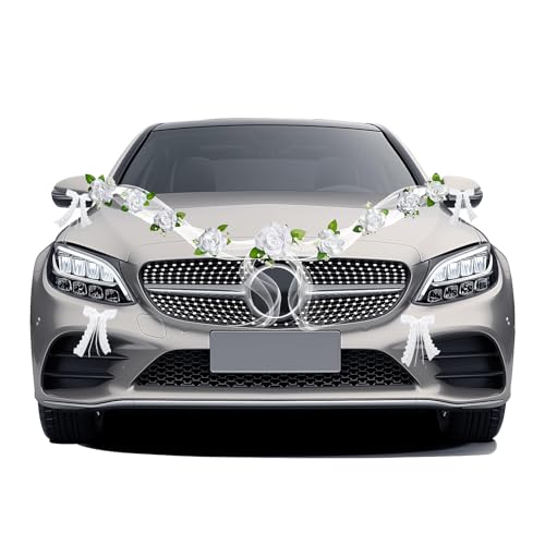 OMJMYY Kit Décoration Voiture Mariage Déco de Voiture de Mariage Blanche avec 9 Roses 1.6m Tulle 10 Noeud Serre-Câbles & Ruban Adhésif pour Mariage...