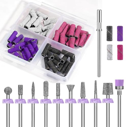 Depvko 10 brocas de diamante para uñas, broca para cutícula para taladro de uñas Efile con 40 bandas de lijado pequeñas (#120#180#240) y broca de mandril, herramienta de eliminación de acrílico kit