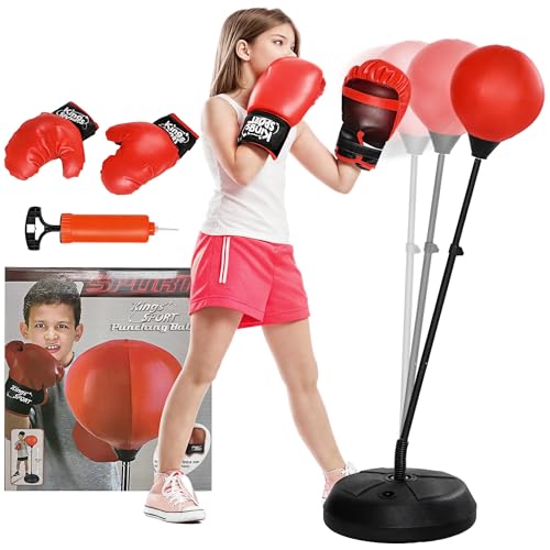 AIYAPLAY Saco de Boxeo para Niños de +5 Años Kit de Boxeo para Niños con Guantes de Boxeo Altura Ajustable de 122,5-147 cm y Base Rellenable Rojo