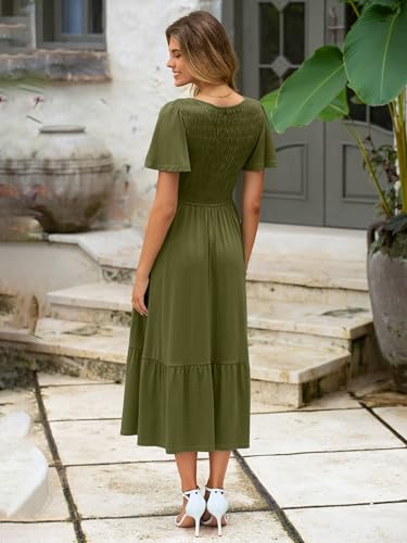 Image of Simplee Womens Summer Smocked Flowy Dress - Casual Flutter Sleeve Tiered Boho Maxi Dresses with Pockets