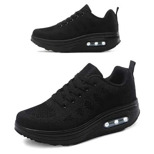 RUIDENG Walking Sneakers for Women Lightweight | Platform Shoes Air Cushion | Air Cushion Thick Rocker Bottom All Black Size 9.5