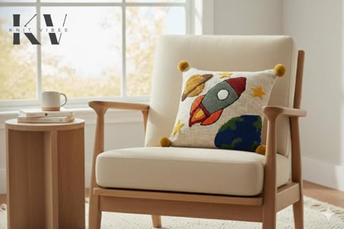 Image of Embroidered Kids Cushion Cover 16 x 16 Inches or 40x40 cms Cotton Fabric Space Theme Cushion Covers for Sofa Set /Diwan Beds, Space Rocket Planet Cartoon Throw Pillow, Set of 1 Pc