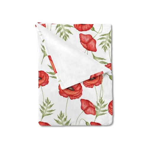 Image of Boho Retro Poppy Flowers Leaves Baby Blanket for Girl Boy - Red Floral Spring Blossom Swaddle - Wild Plants Receiving Blanket for Toddler Newborn Nursery Crib Bed - Daycare Playmat 30x40