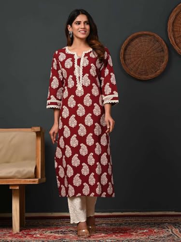Image of Rimeline Women's Cotton Printed Kurta with Lace Yoke Detail | Elegant Straight Fit Ethnic Wear for Office, Casual & Daily Styling