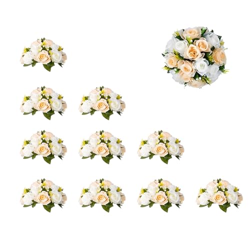 ASDJAKZP - ASDJAKZP Artificial Flowers Ball Wedding Centerpieces, 10" Large Champagne & White Rose Arrangement Center Piece, 10 Pcs Fake Flowers, 15 Heads Plastic Roses w/Base, Silk Flowers for Home Décor, Party