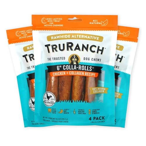 TRURANCH Collagen Rolls - 6" Collagen Rolls for Dogs - Long Lasting Healthy Joint Support - Rawhide Alternative - Skin & Coat Health - Made with Real Chicken, Value Pack, 3 Bags, 12 Count