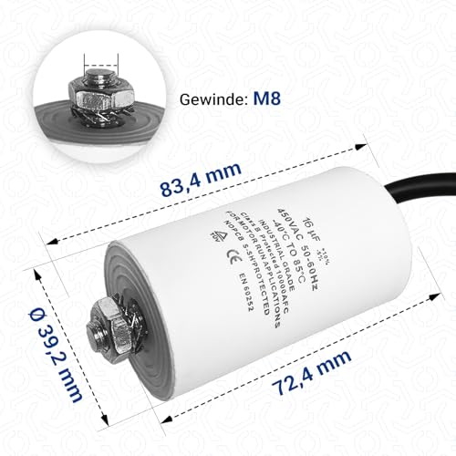 VIOKS CBB60 kondensator 16µF 450 V – kondensator rozruchowy, kondensator silnikowy, kondensator rozruchowy, uniwersalny z kablem przyłączeniowym i śrubą mocującą M8 do elektrycznych urządzeń domowych