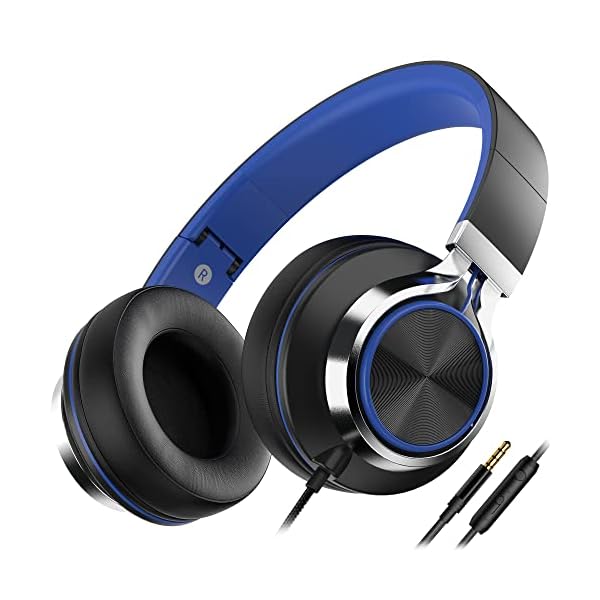 AILIHEN C8 Wired Headphones with Microphone and Volume Control Folding Lightweight Headset for Cellphones Tablets Chromebook Smartphones Laptop Computer PC Mp3/4 (Black/Blue)