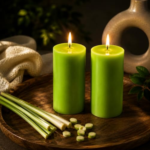 Image of AuraDecor Lemongrass Scented Pillar Candles Set of 2 | Smokeless & Long Burning Decorative Candles for Home Decor, Bedroom, Living Room, Spa, Meditation, Relaxation & Gifting
