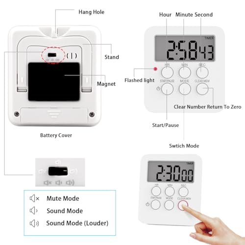 Digital Kitchen Timer with Mute/Lound Alarm Switch,3 in 1 Multifunctional Clock Alarm Count UP/Down Timer,24-Hours Memory Function Magnetic Timer for Cooking Learning(White) - Image 4