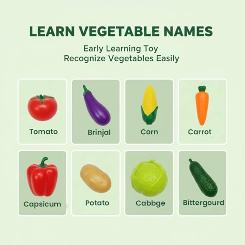 Image of SHAKTISM Pretend Play Plastic Fruits and Vegetables Toys for Kids, Kitchen Food Cooking Toy Set, PVC Material, Realistic Learning Playset for Boys and Girls (Vegitable 8Pc Set)