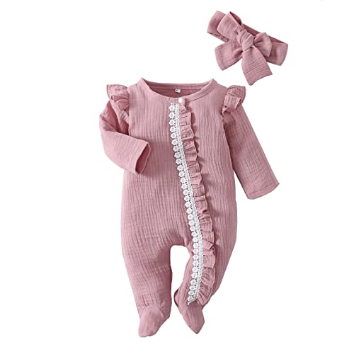 Image of Baby Girl Cotton Footies with Zipper One-Piece Romper Sleep and Play Suit Winter Baby Girl Clothes