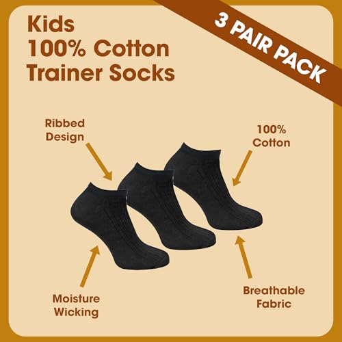 Kids 3 Pack 100% Cotton Sneaker Socks | Sock Snob | Short Low Cut Ankle Socks (10-1, Black)3