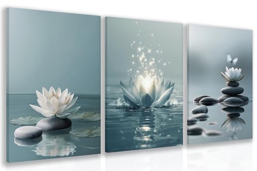 GELDSTEI Wrapped Canvas Lotus Flower Zen Stones Wall Art Set of 3, 12x16 in