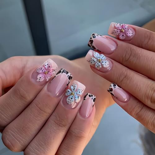 Leopard French Tip Press on Nails Flower Fake Nail Medium Square False Nail