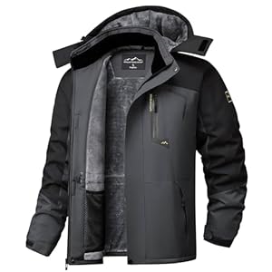 Ougelebo Skijacke Herren Winter Arbeitsjacke Wasserdicht Winterjacke mit Kapuze Softshell Warm Kapuzenjacke Gefütterte Funktionsjacke Snowboard Grau-Schwarz L