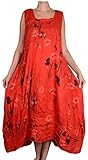  Damen Pure Leinen Sommer zipfel Kleid Maxikleid Tunika 44 46 48 50 L XL XXL Rot Blumen assymetrisch Strand Urlaub Lagenlook (50)