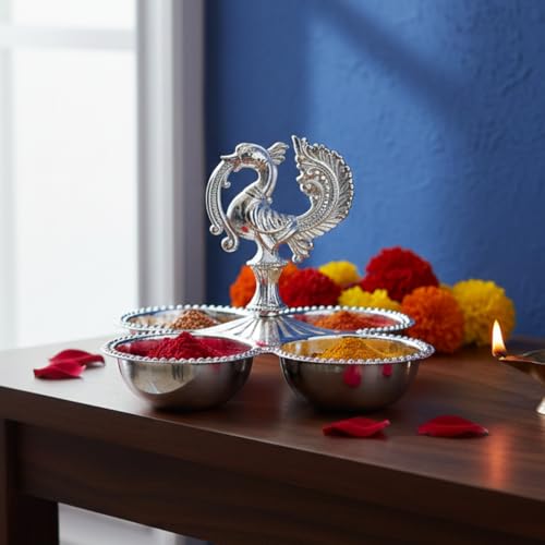 Image of Brass Kankavati Haldi Kumkum Container | Traditional Pooja Sindoor, Chawal Holder | Peacock Design 4 Bowl Pooja Accessory for Festivals, Gifting & Home Mandir (German Silver, Large)