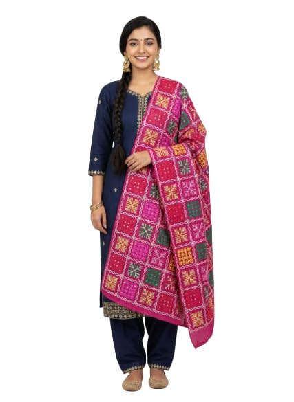 shivaira Traditional Handmade Phulkari Dupatta, Pink Multicolor, Cotton Blend, Embroidered Geometric Pattern, Ethnic Wear-picture-17