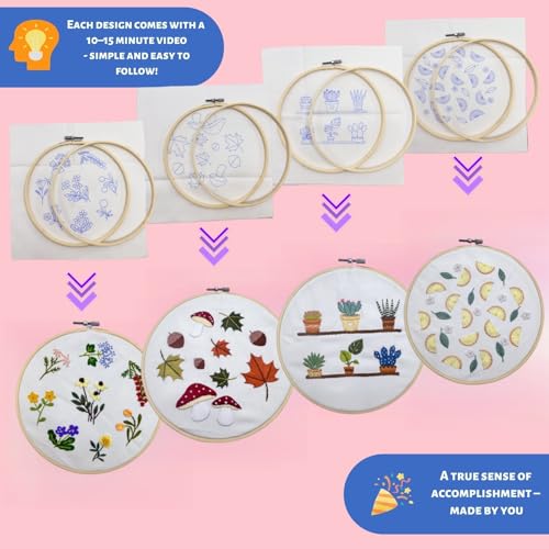Image of Speedura 4-Set Embroidery Kit for Beginners - Easy Needlepoint Starter Kit for Adults to Learn Hand Embroidery with Stamped Designs, Cross Stitch Patterns, and Fun DIY Projects (Nature's Beauty)