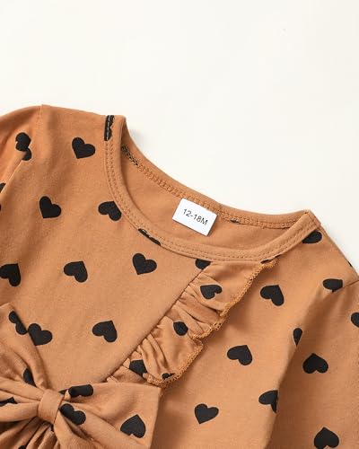 Saeaby Baby Girl Clothes 12 18 Months Toddler Baby Girl Fall Winter Outfit Ruffle Heart Print Top Shirt Flare Denim Jeans Outfit Set For Girl 1 Year Old Brown thumb #4