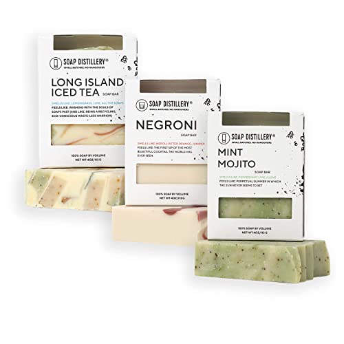 Soap Distillery - Cocktail Lover's Set - Long Island Iced Tea, Negroni, Mint Mojito Aromas - Bar Soap Gift Sets For Men And Women - Palm Oil Free Soap - Phthalate Free - Vegan Bar Soap - Cold Process Soap - Natural Bar Soap - Plastic Free Packaging - Soap Set 3 Pack #TOP20