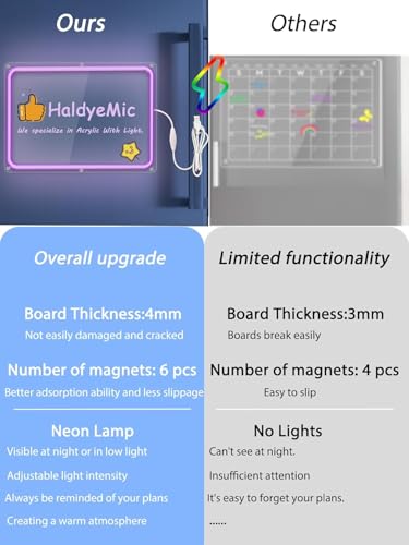 Haldyemic HALDYE Acrylic Magnetic White Board For Fridge With Colorful Light,16 Inchx12 Inch Clear Fridge Memo Dry Erase Magnetic Whiteboard Planner Set For Refrigerator,Glass,Wood Wall,Office thumb #3