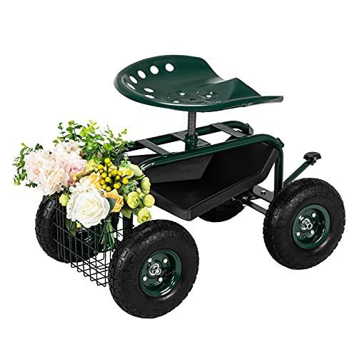 Garden Seat Car 4 Wheel Gardening Workseats with 360 Degrees Adjustable Height Swivel Seat and Storage Basket Tool Tray Patio Wagon Scooter Steel Stools for Planting Work Seat Garden Utility Cart