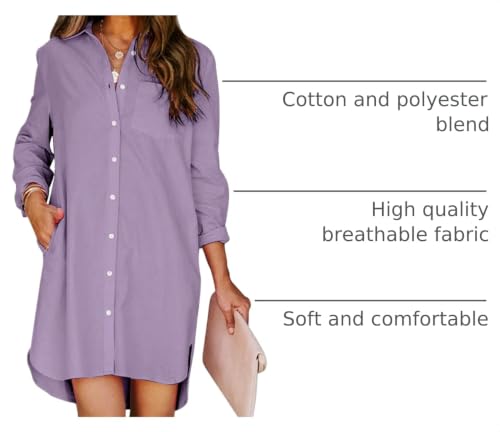 Image of Aoudery Womens Button Down Shirt Dresses with Pockets Cotton Button Up Tunics Long Sleeve Solid High Low Blouse Tops