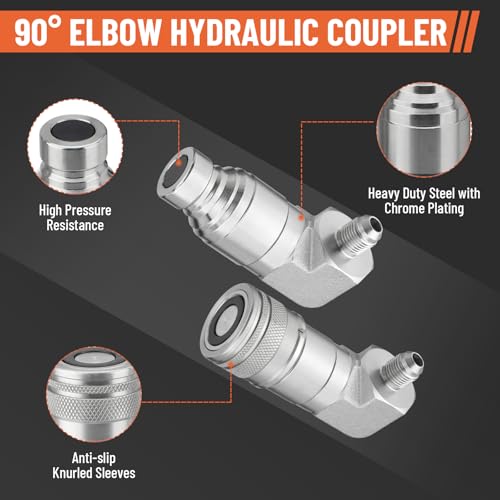 Image of 90 Degree Elbow 1 /2 inch Flat Face Hydraulic Quick Connect Coupler, 1 /2 inch Body Size x 3 /8″ JIC Male Thread Skid Steer Hydraulic Coupling Adapter with Dust Cap
