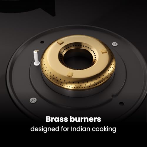 Image of Livspace Intellia 4 Burner Gas Stove | Auto Ignition | Premium Glass Top with Gold Themed knobs | 2 years Warranty | ISI Certifed | Full Brass Burners | 6 mm Toughened Glass | LPG & PNG