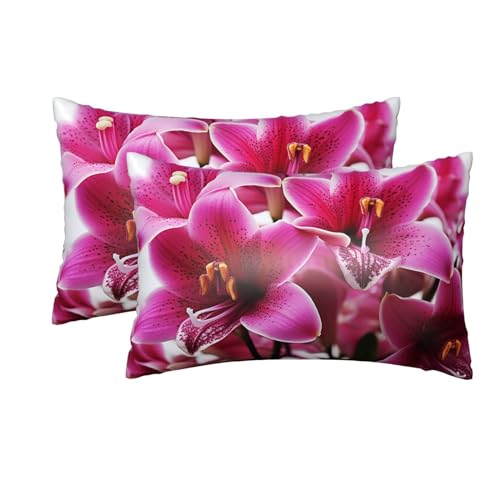 Satin Pillowcase for Hair and Skin, Pink Lily Flowers Silk Pillow Cases Set of 2 Queen Size 20x30 Inches, Luxury and Soft Satin Pillow Covers with Envelope Closure