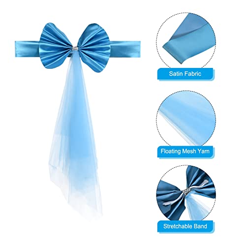 PATIKIL Stretch Satin Chair Sashes Bows, 12 Pack Chair Bands Decoration with Mesh Yarn Floating Tied for Wedding Banquet Events Blue - Image 4