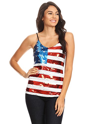 Anna-Kaci Womens Patriotic USA Flag American Sequin V Neck Cami Tank Top, Multicolored, Large