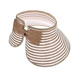 Girls Roll Up Straw Sun Visor, Wide Brim UV Protection Beach Hat with Bowknot and Adjustable Hook and Loop, Paper Straw, 4-Inch Brim (White&Khaki Stripe)