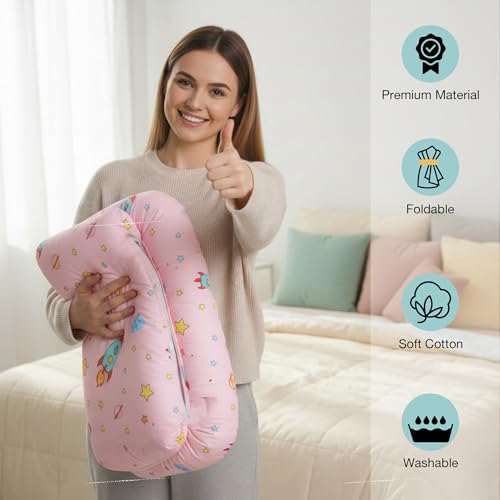 Image of BAYBEE 3 in 1 Baby Bedding Set with New Born Mosquito Net, Bed Mattress & Neck Pillow, Foldable Portable Nest Travel Bed, Baby Gift for Boy Girl (Lite Pink)