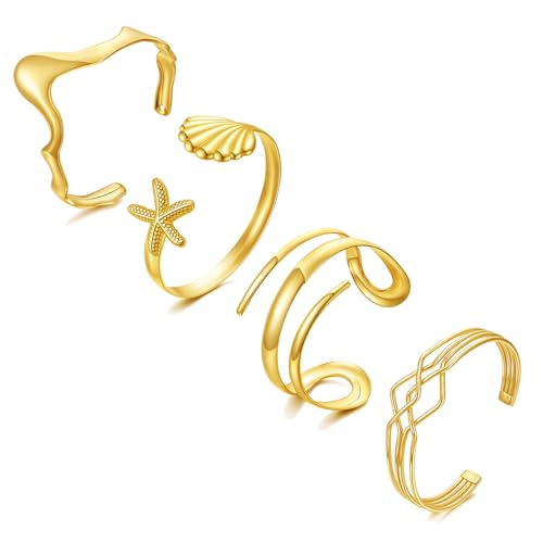 BROCC 4PCS 14K Gold Plated Stackable Cuff Bracelets Set for Women Adjustable Open Cuff Bangle Bracelet Hammered Wrist Thin Minimalist Gold Cuff Bracelets