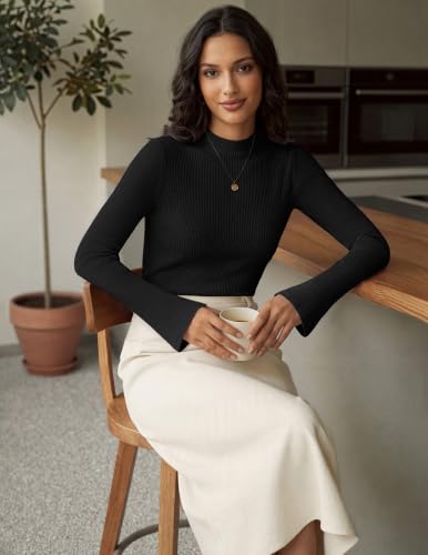 Women Mock Turtleneck Tops Ribbed Long Sleeve Shirts Trendy Fall T-Shirts | Mock Neck Tops, Bell Sleeve Fitted Shirt, Slim Work Office T Shirts, Business Casual Outfits, Basic Thermal Sweater - image 3