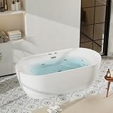 71 in Acrylic Freestanding Bathtub, Soaking Bathtub with Adjustable Jets, Ergonomic Design, Water Jetted Tub with Air Bubble Massage, Matte Drain, CUPC Certified, Deep Soaking Tub for Bathroom